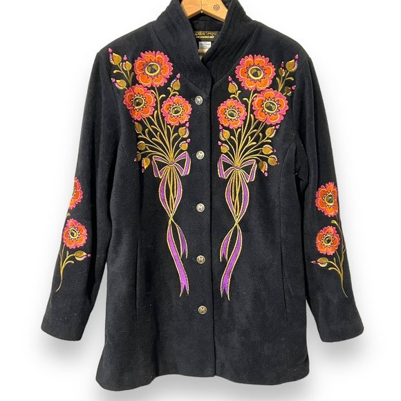 Bob Mackie Jackets & Blazers - Bob Mackie Wearable Art Embroidered Black Fleece Jacket Medium Pink Flowers